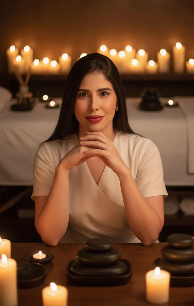 Vanessa Schwenter, massoterapeuta em Itapema, em ambiente profissional de bem-estar
